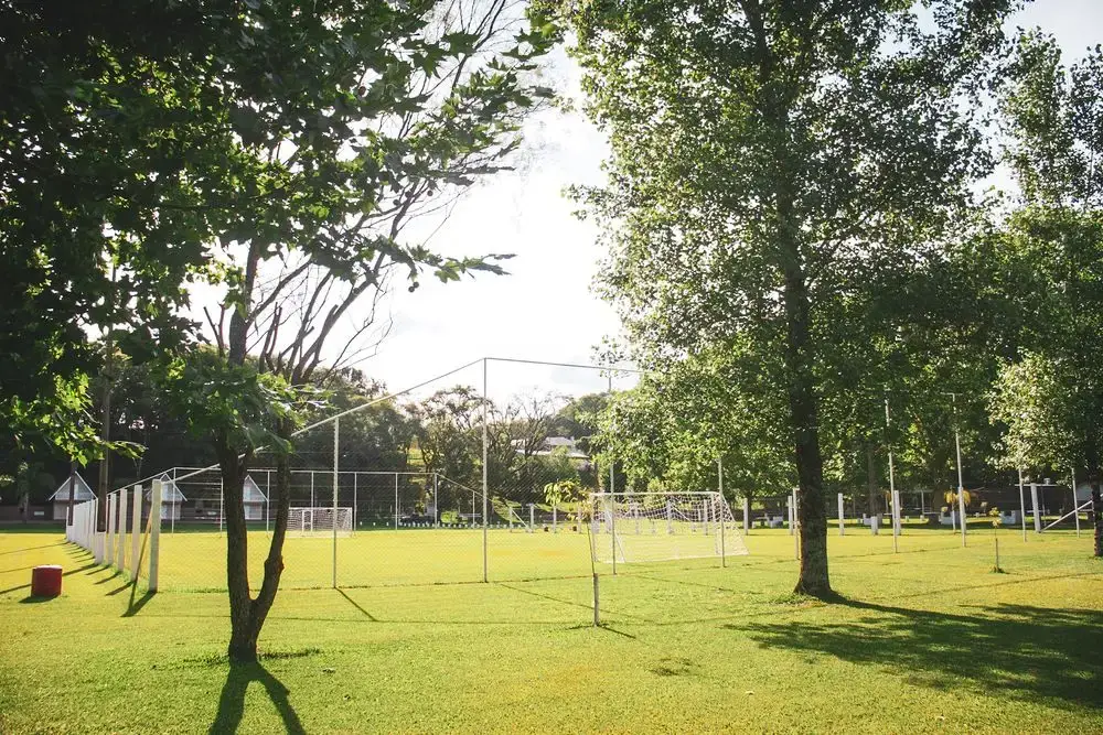 Campo de futebol visto por entre as árvores